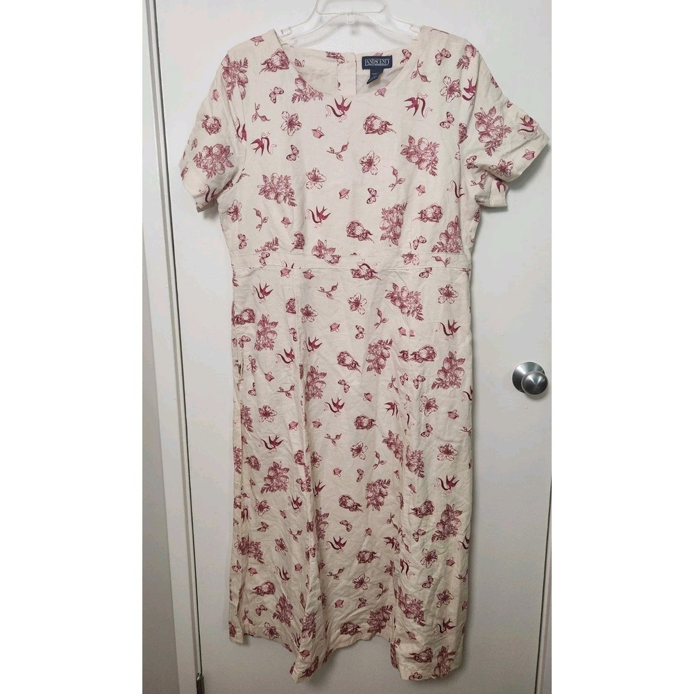 Lands End Toile Linen Cotton Red Print Dress Pockets Size 14 Cottagecore Prairie